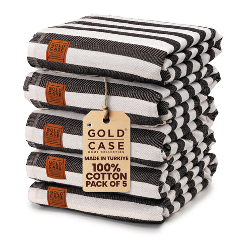 GOLD CASE MYRA front-packaging showing set of five towels and design benefit
