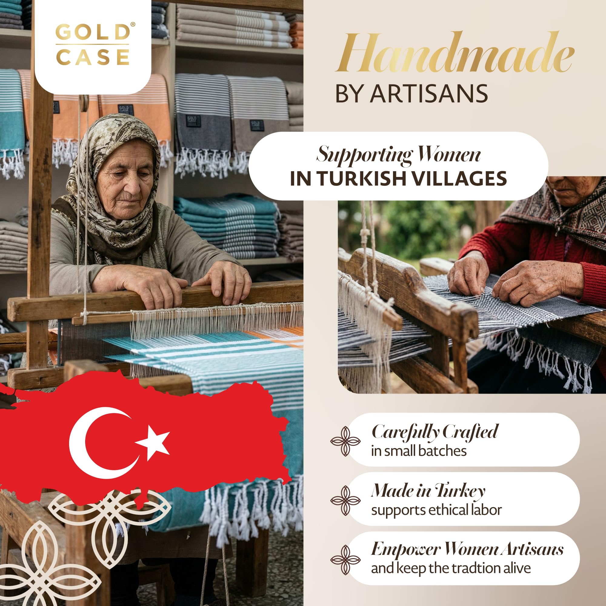 GOLD CASE HOME COLLECTION close-up of weave highlights durable Turkish craftsmanship benefit