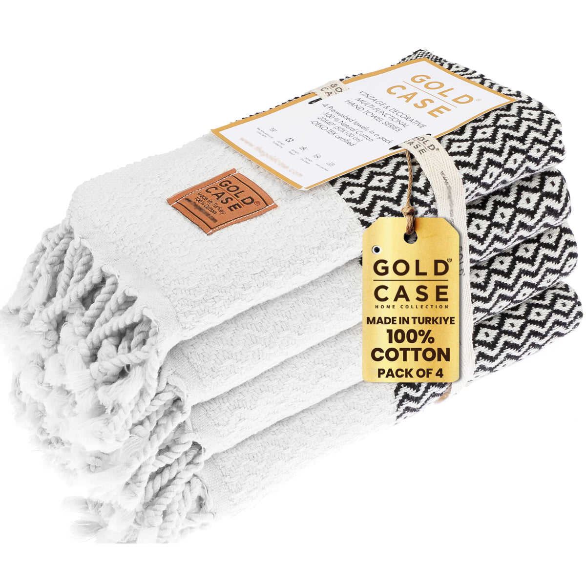 GOLD CASE HOME COLLECTION front view of four black Zeus towels shows compact packaging and style