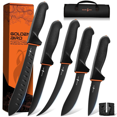 Golden Bird front packaging showing full butcher knife set and benefits