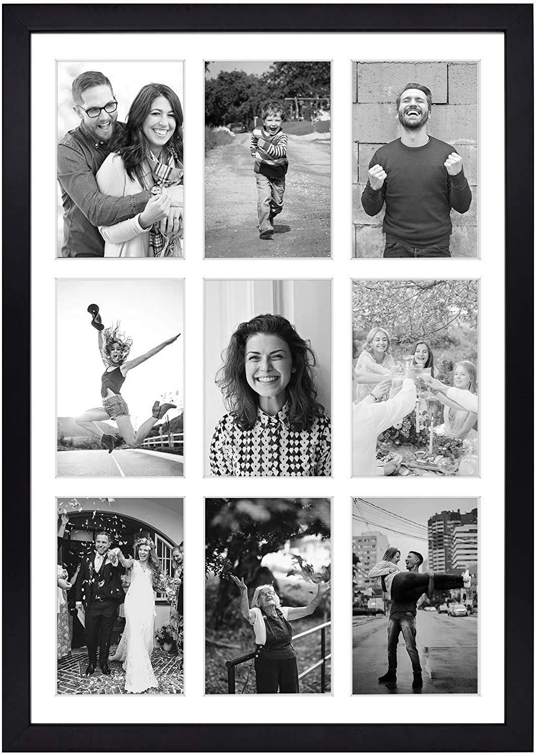 Golden State Art front view showing nine-photo layout and black wood frame benefit: organized display