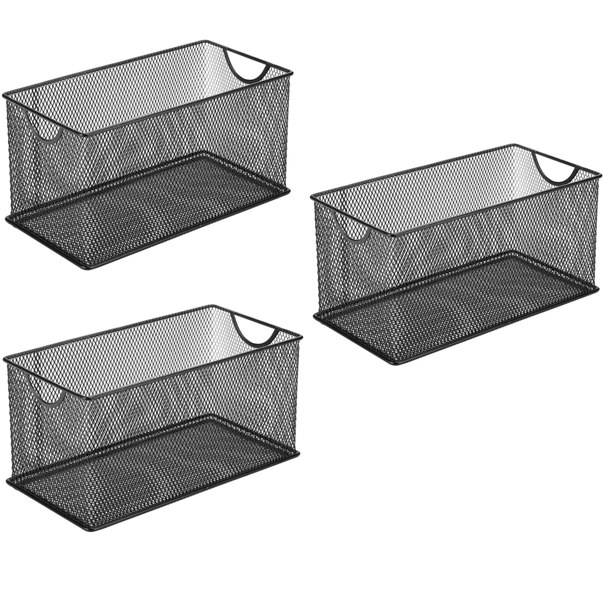 GoldOrcle front view of three black mesh baskets showing neat uniform storage and accessibility
