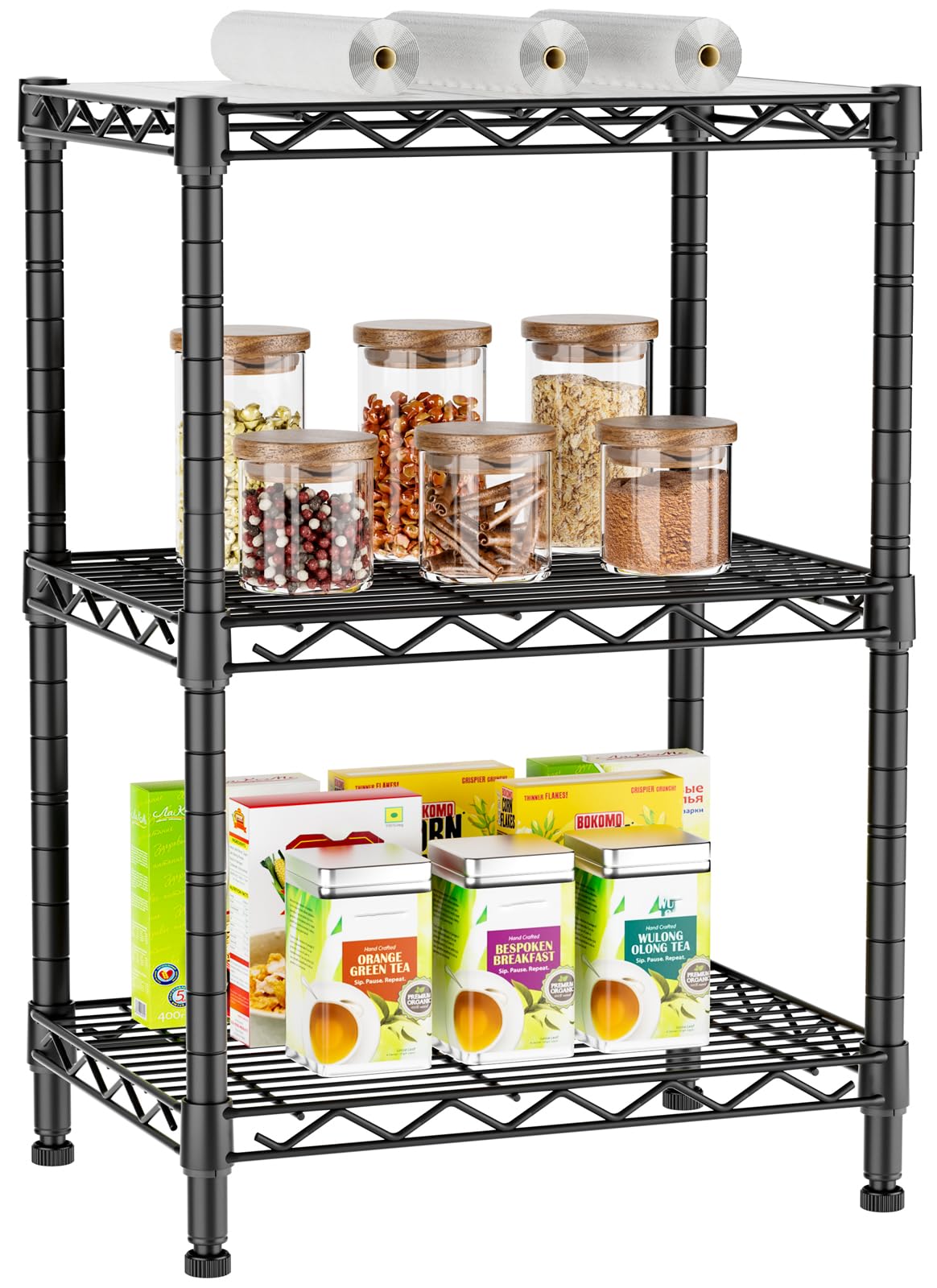 Golpart front view of assembled shelf showing compact storage benefit
