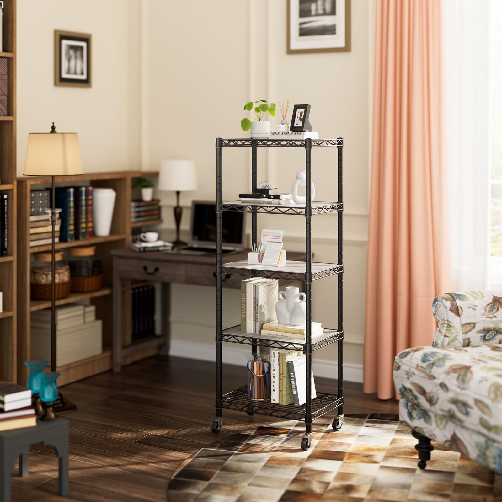 Golpart next to chair for scale illustrating narrow-fit space-saving benefit