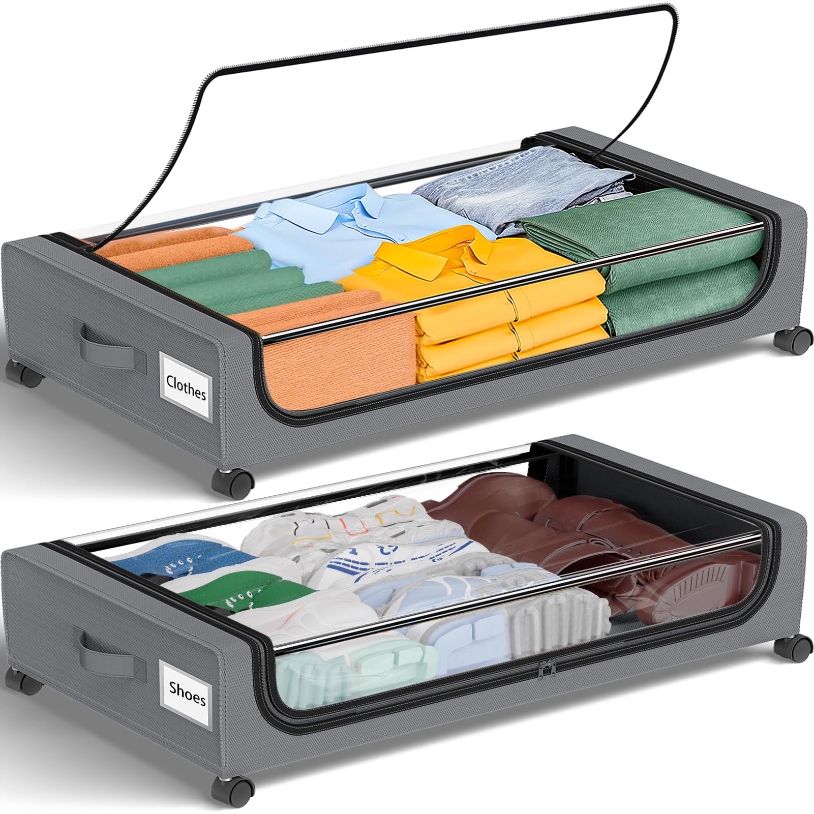 GoMaihe front view of two grey under bed drawers showing neat storage benefit