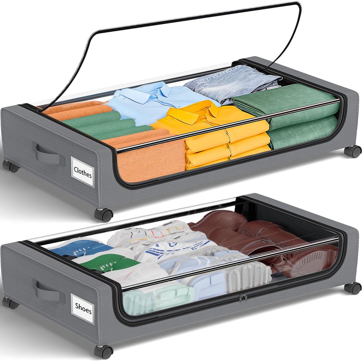 GoMaihe front view of two grey under bed drawers showing neat storage benefit