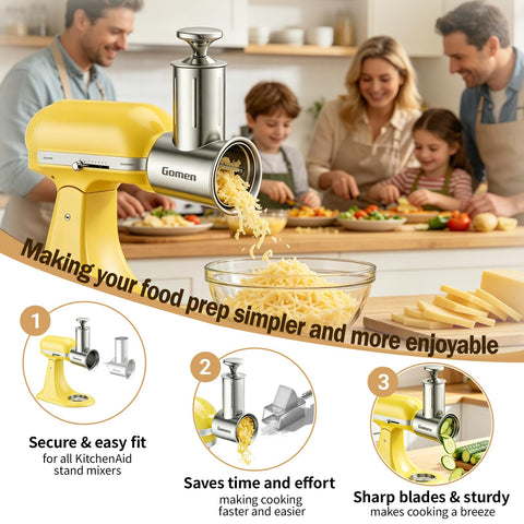Gomen attached to KitchenAid mixer while slicing vegetables showing hands-free prep benefit speed