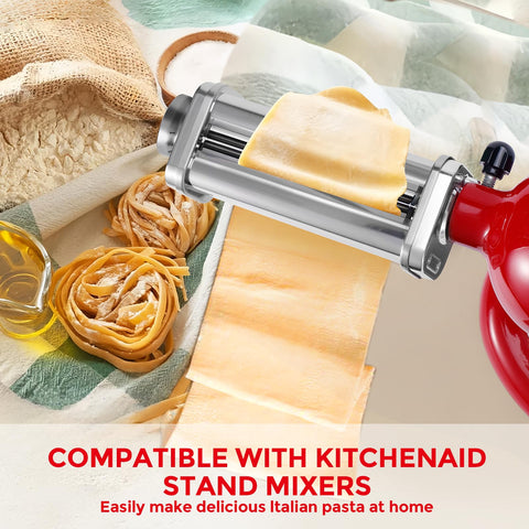Gomen attachment mounted on KitchenAid mixer for secure, hands-free rolling advantage