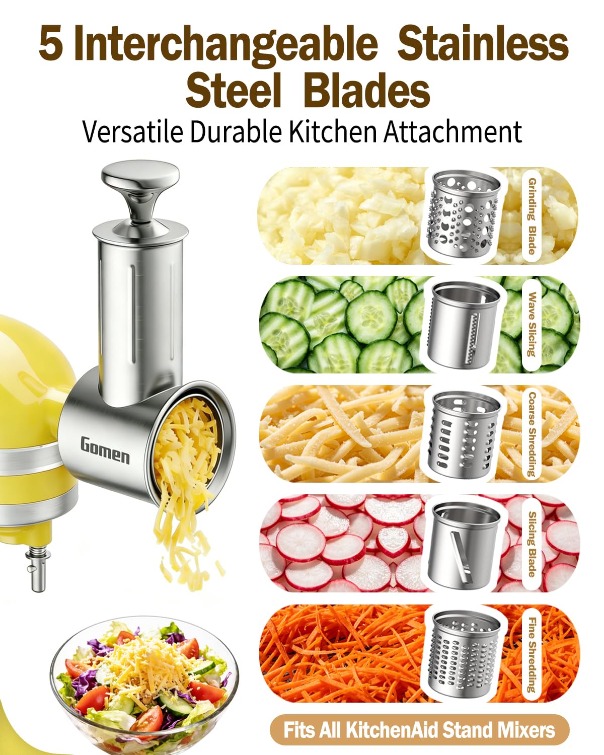 Gomen five interchangeable blades displayed for versatile cutting and quick swaps benefit efficiency