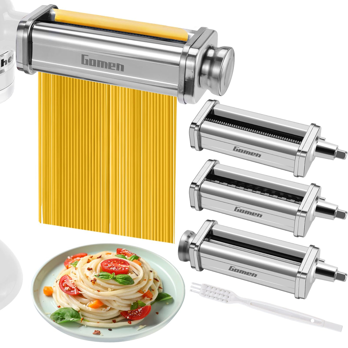 Gomen front view attached to mixer showing stable fit and convenience