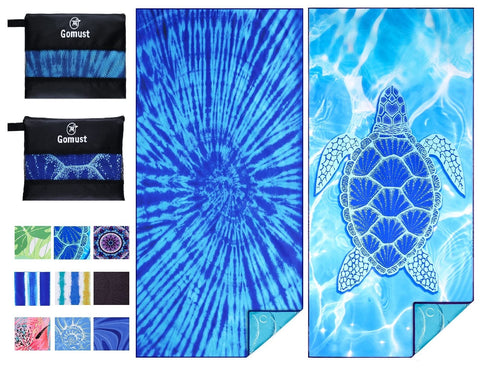 Gomust towel front view showing full 71x32 size and blue print for comfortable lounging