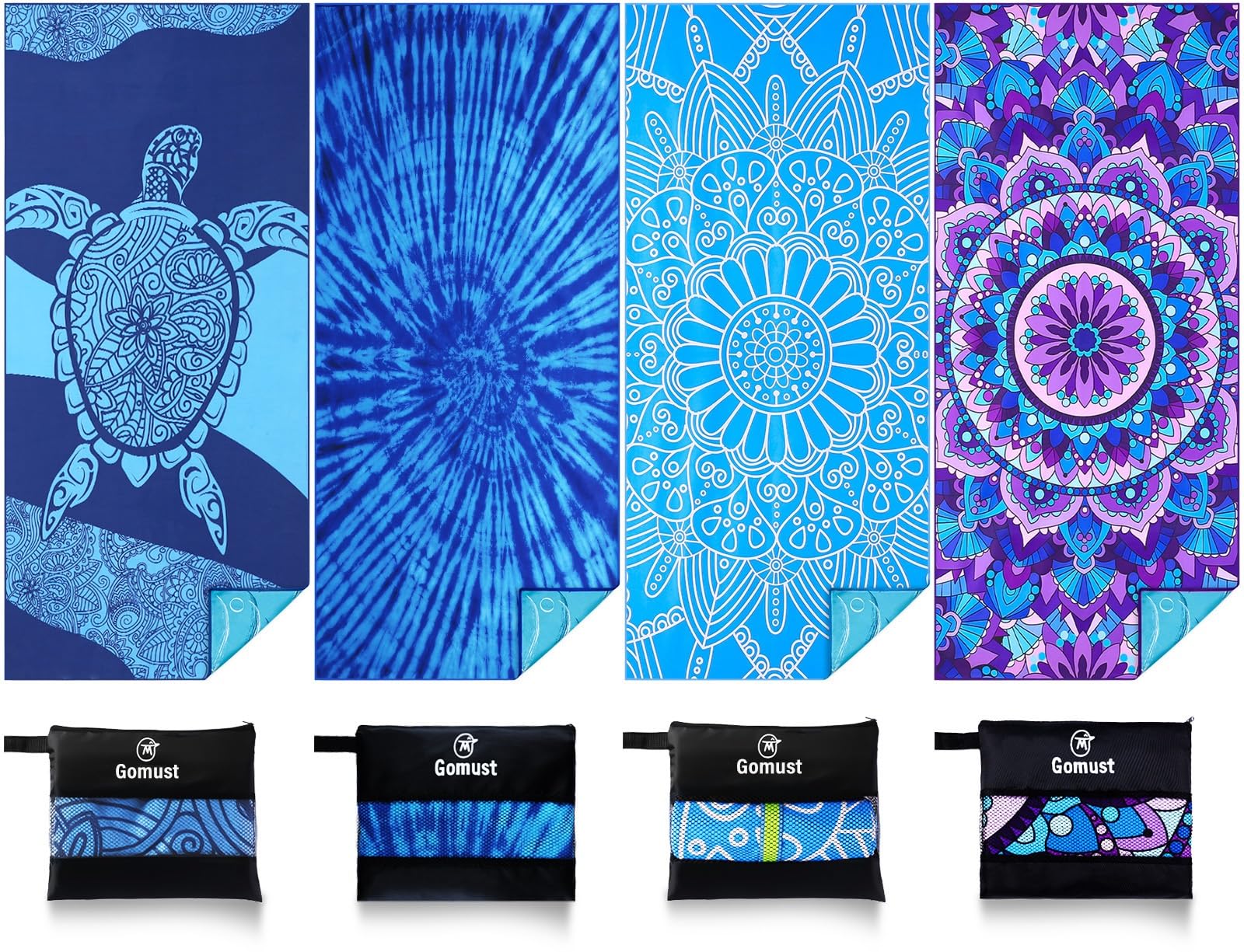 Gomust front view of 4-pack towels showing patterns and bulk convenience