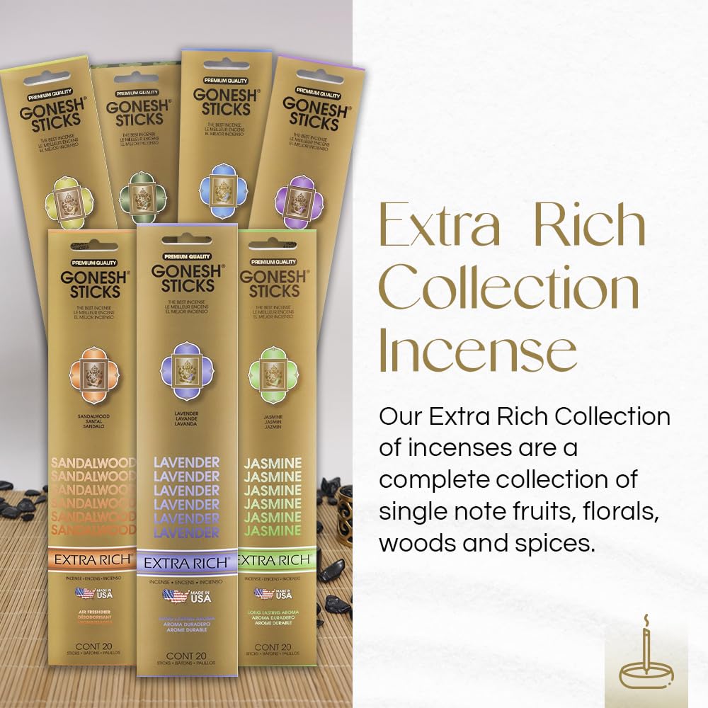 Gonesh incense stick burning in holder showing slow smolder and steady scent release