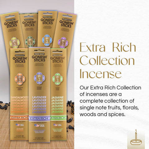 Gonesh incense stick burning in holder showing slow smolder and steady scent release