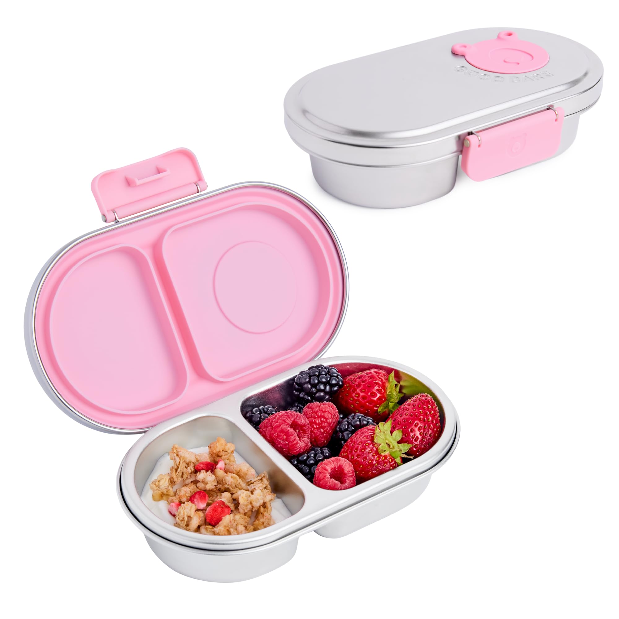Good Bare front view of stainless snack container shows durable design and compact size
