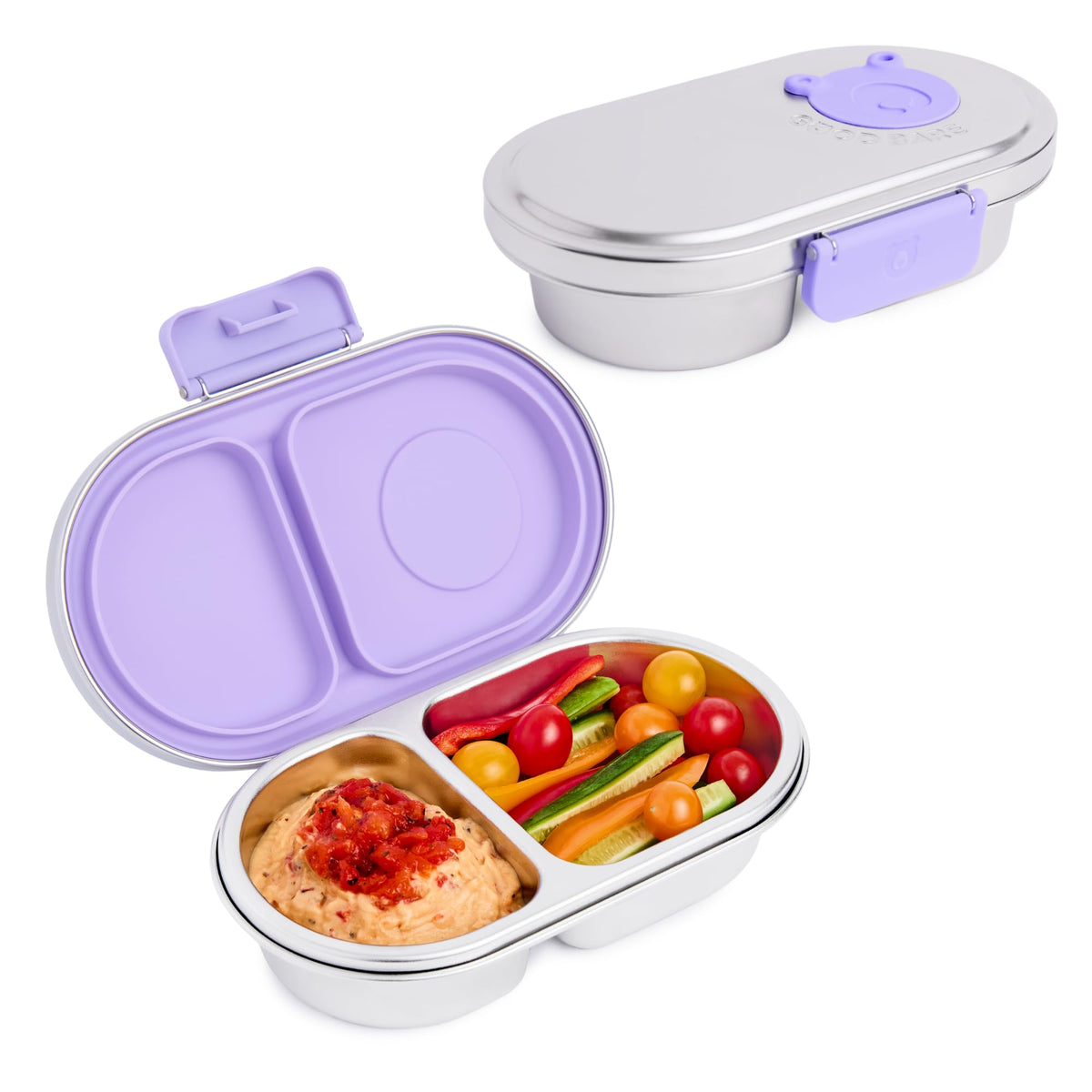 Good Bare front view of snack container showing compact durable design and benefit