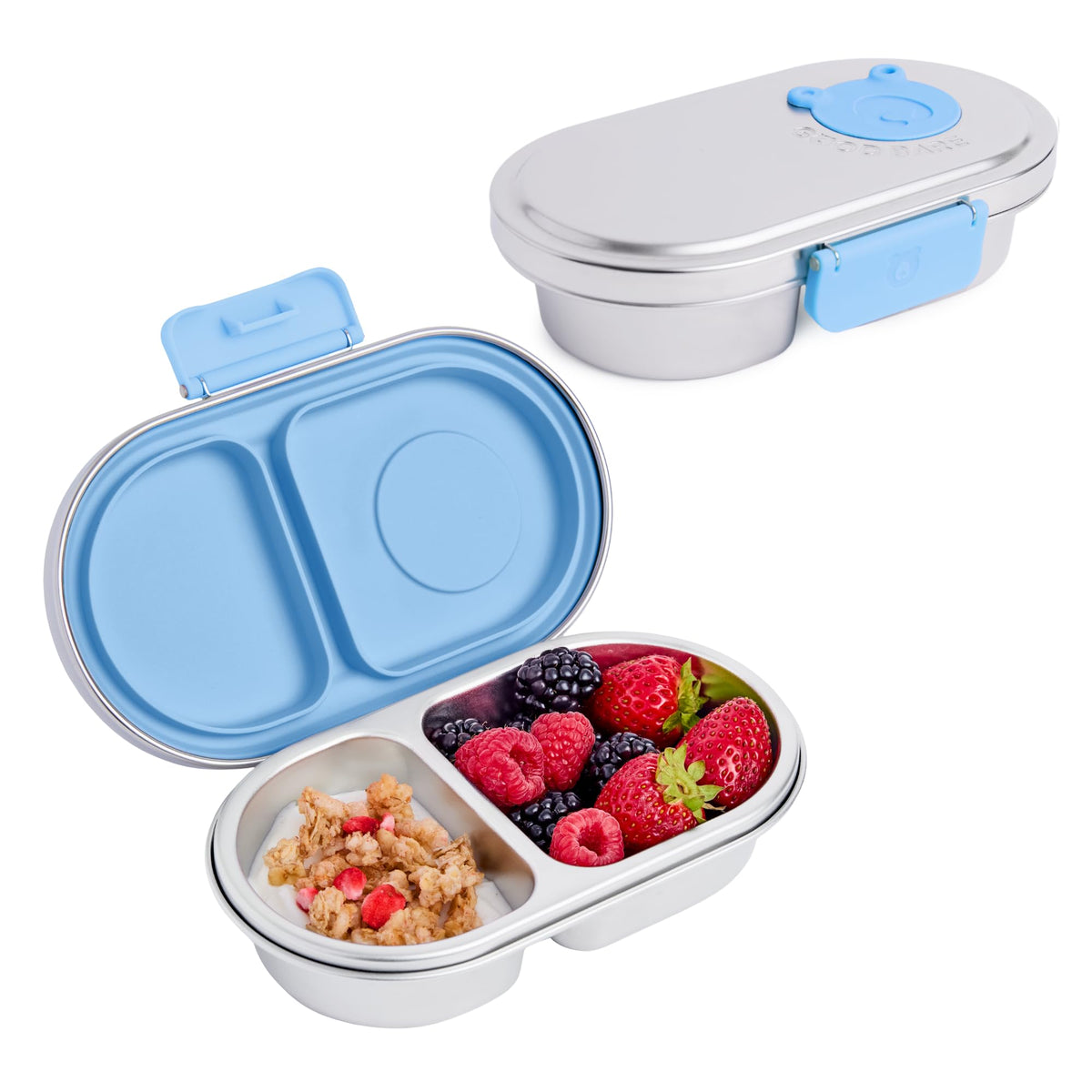 Good Bare front view snack container showing durable stainless finish and attached lid for reliability