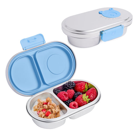 Good Bare front view snack container showing durable stainless finish and attached lid for reliability