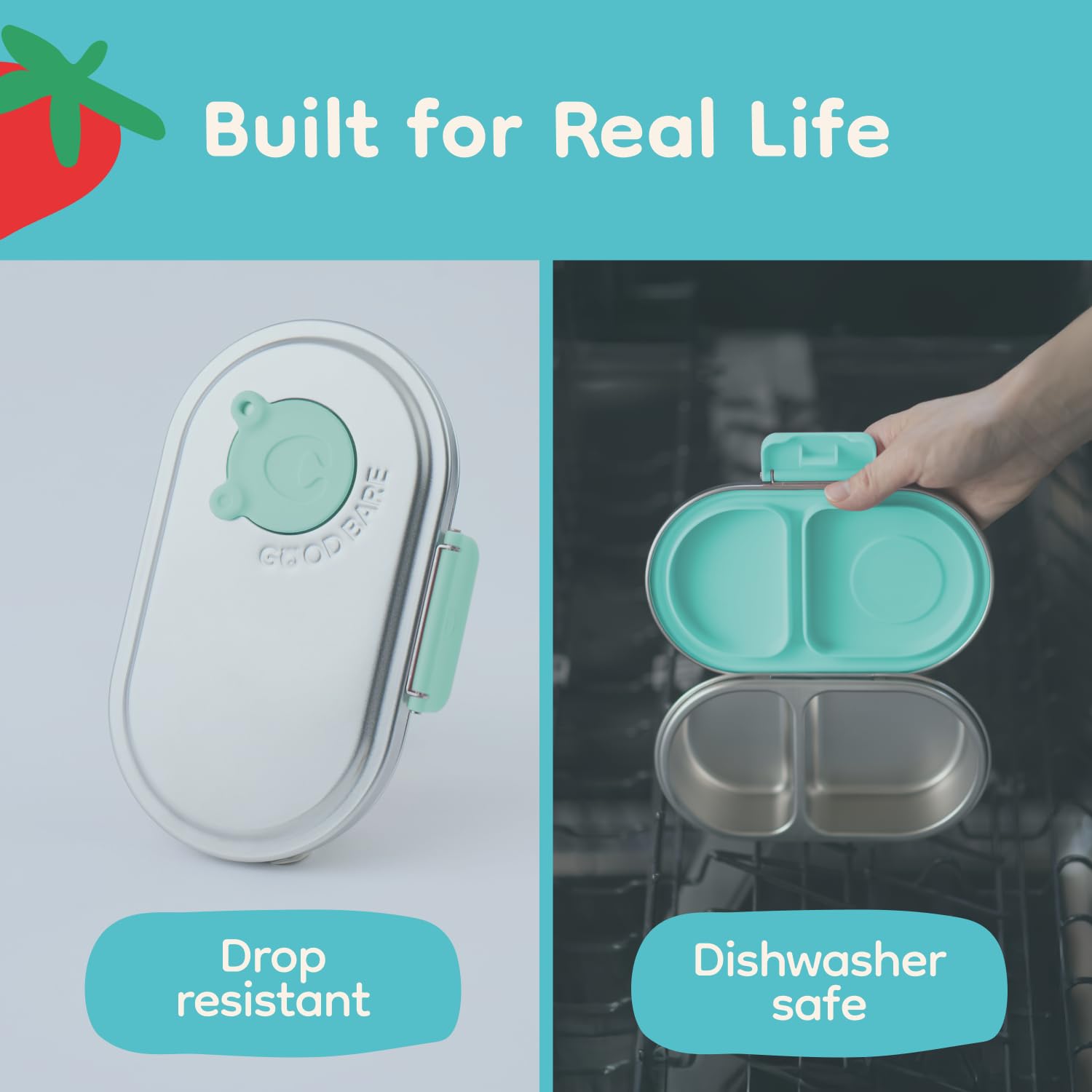 Good Bare snack box inside a backpack showing compact size and travel-ready convenience