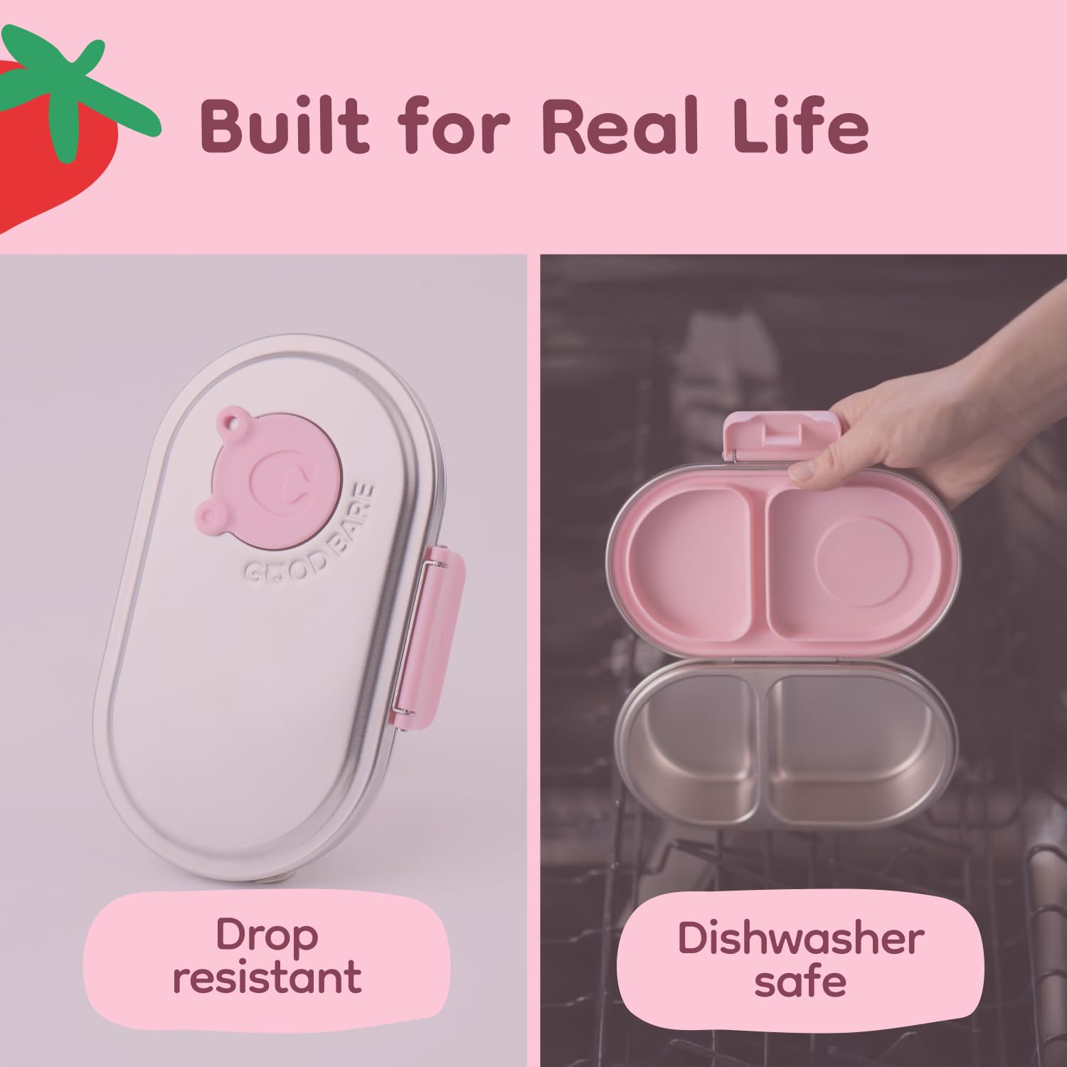 Good Bare container filled with fruit and crackers illustrating neat food separation