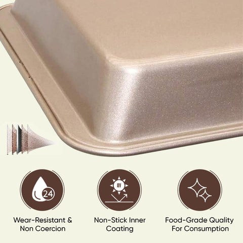 Good Dee's pan held in hand illustrating 12x8 size and storage convenience