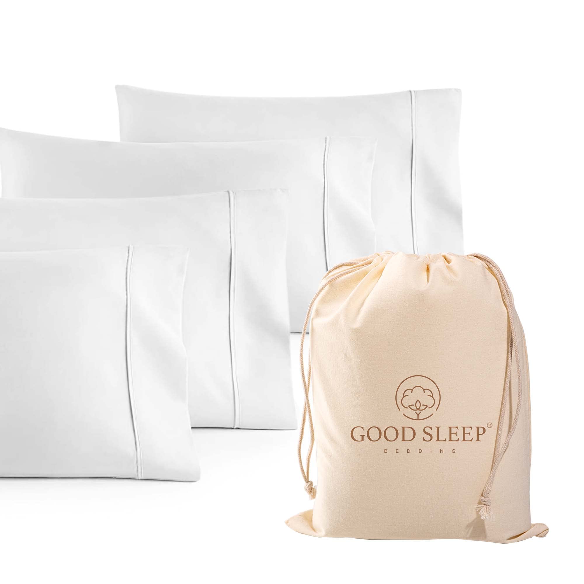 Good Sleep Bedding front packaging showing four white king pillowcases and product branding benefit: neat set