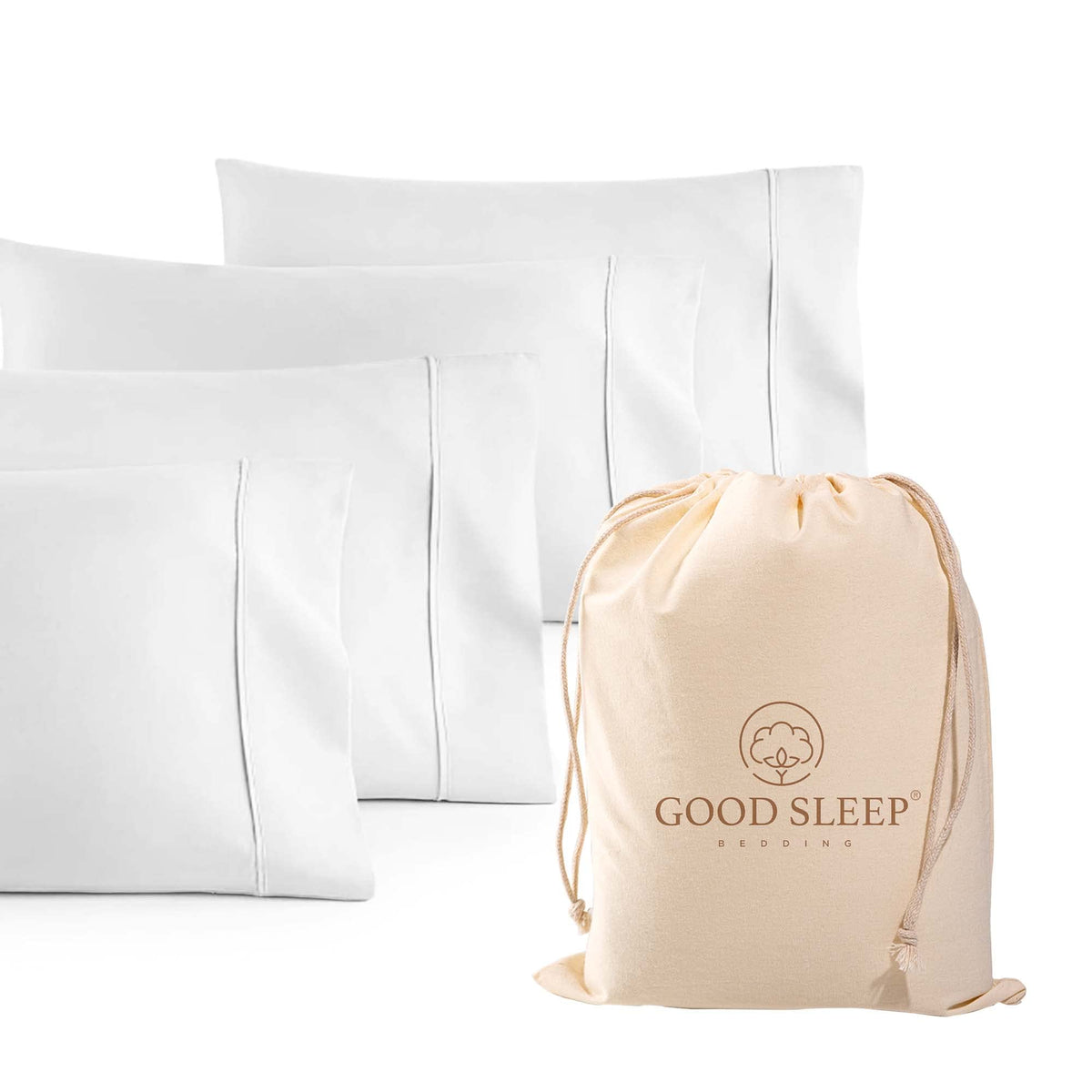 Good Sleep Bedding front packaging showing four white king pillowcases and product branding benefit: neat set