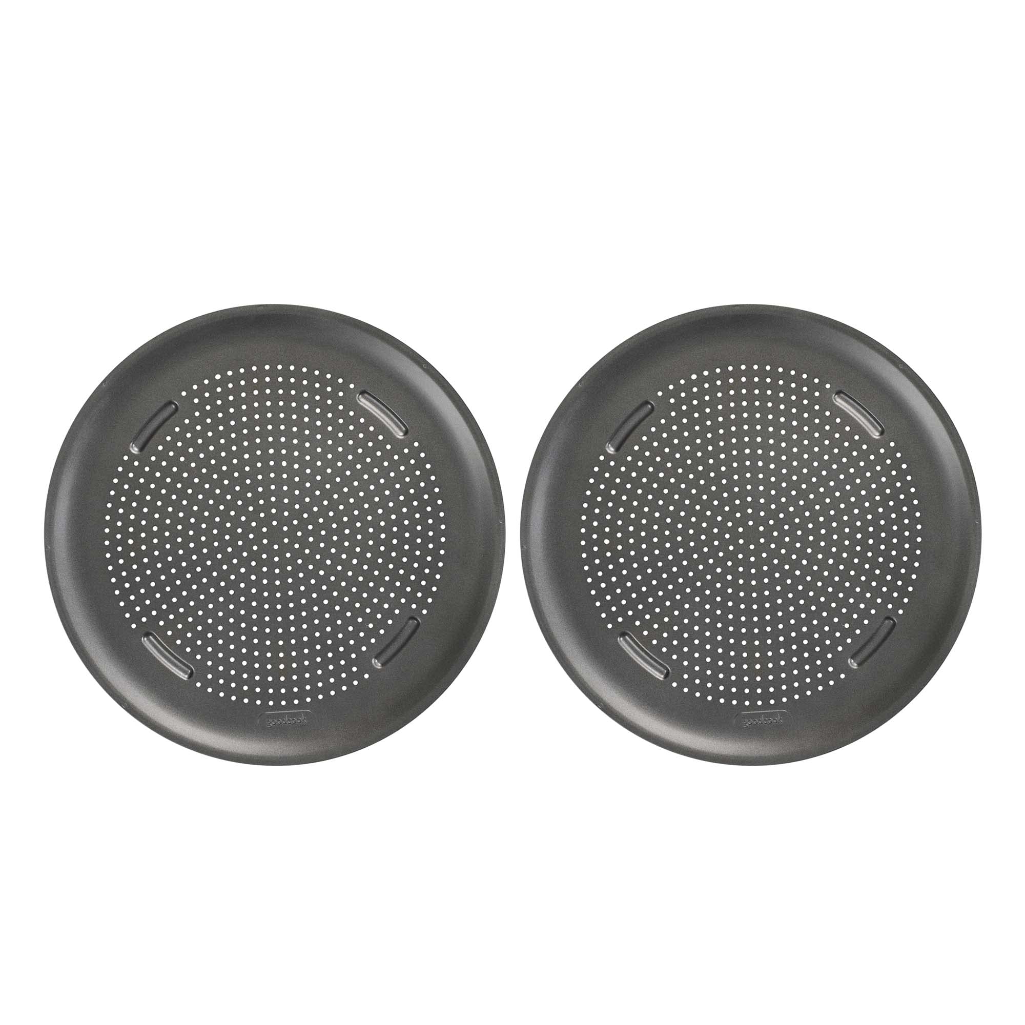 GoodCook front view of two pizza pans showing size and packaging, highlights convenience