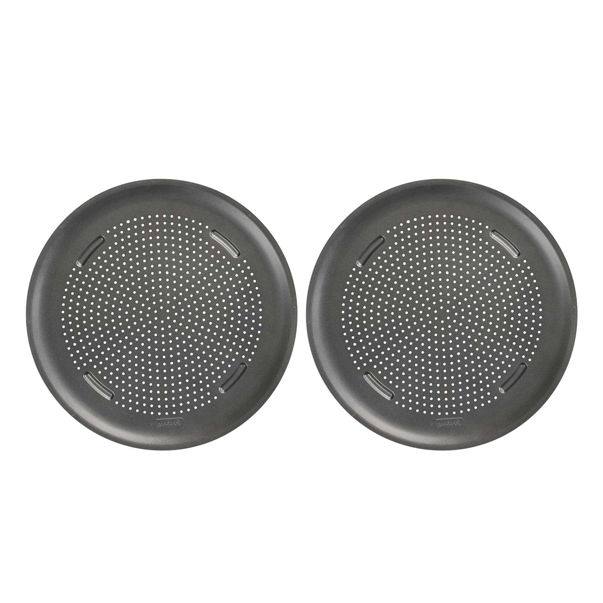 GoodCook front view of two pizza pans showing size and packaging, highlights convenience