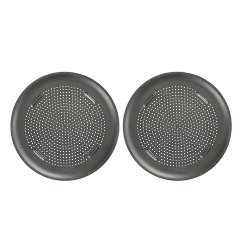 GoodCook front view of two pizza pans showing size and packaging, highlights convenience