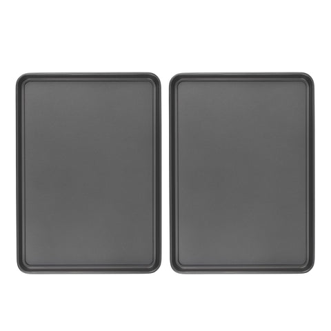 GoodCook front view of two baking sheets showing size and packaging benefit