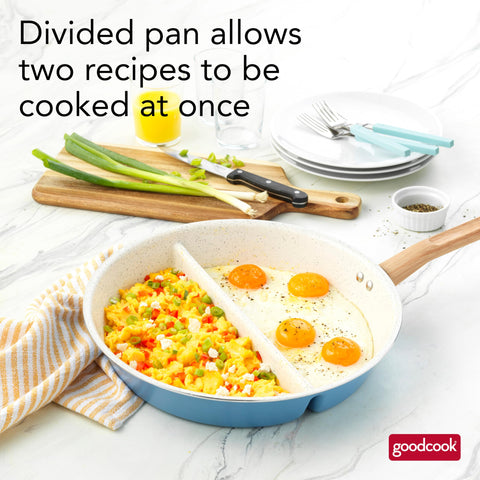 GoodCook interior close-up of speckled cream ceramic surface with nonstick benefit for easy release