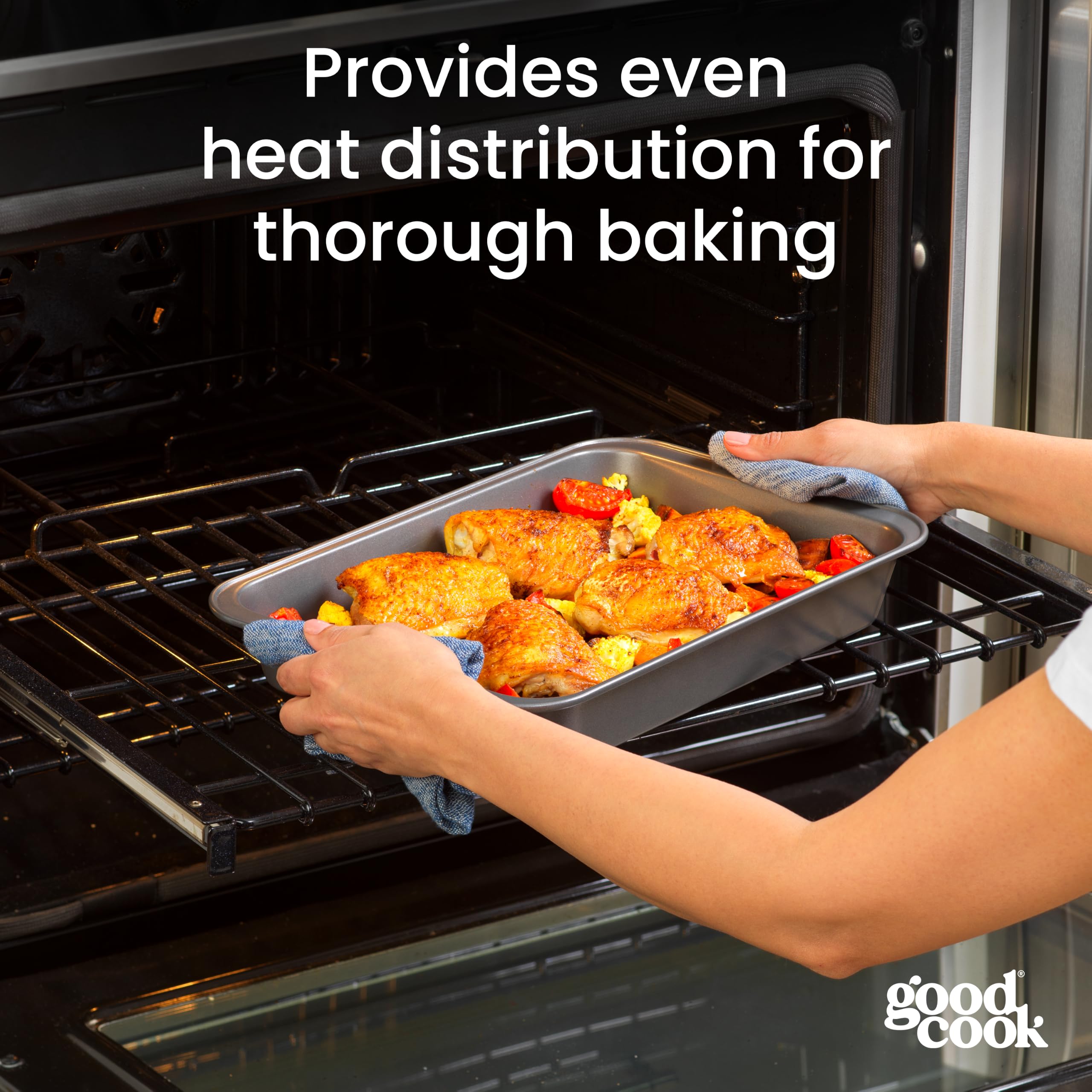 GoodCook pans stacked with lids illustrating compact storage and dust protection