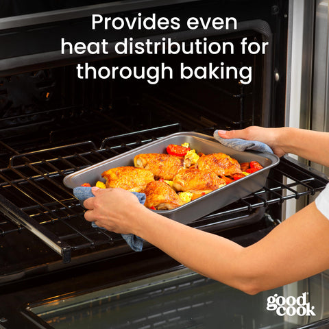 GoodCook pans stacked with lids illustrating compact storage and dust protection