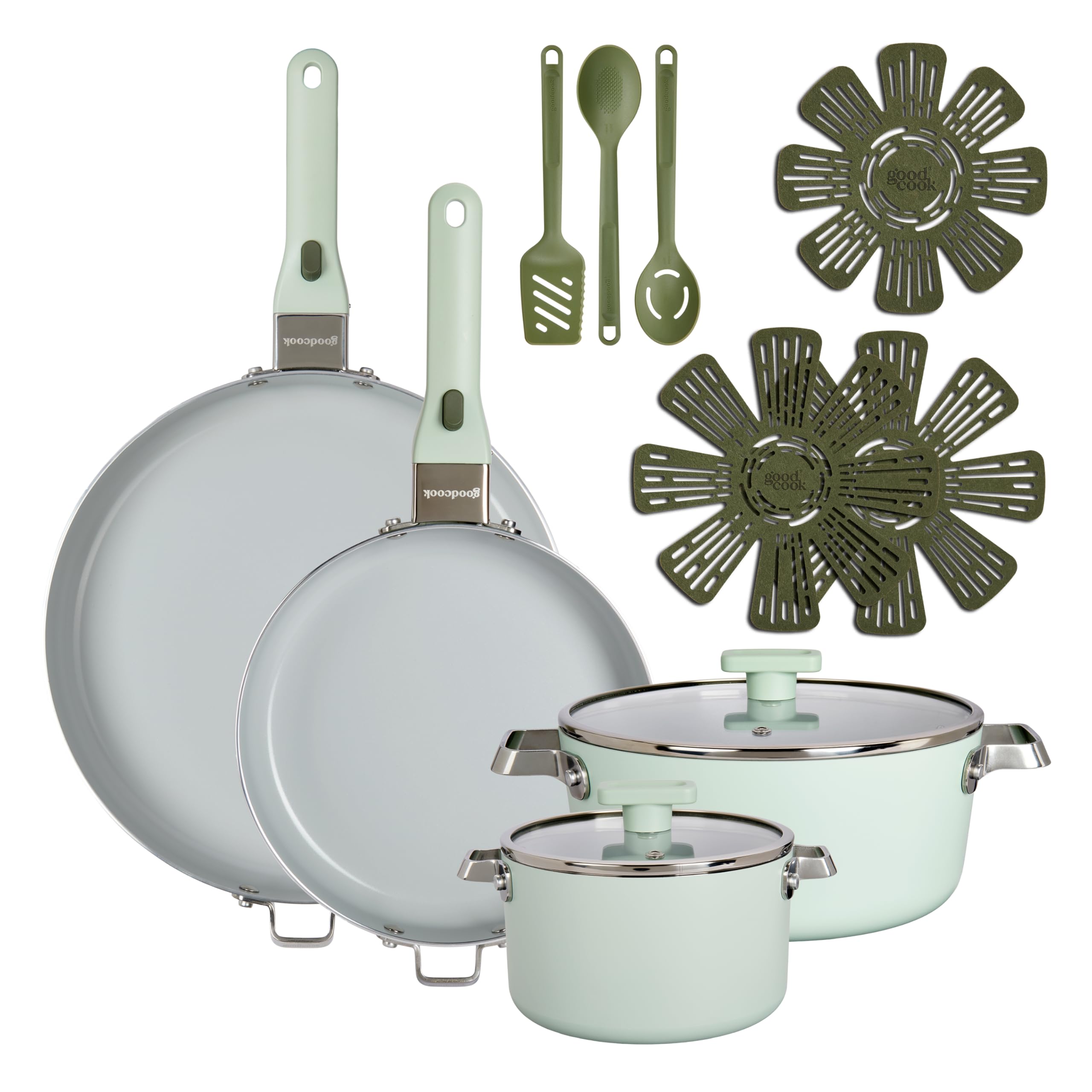 GoodCook sage green full set front view showing pieces and sleek finish for stylish kitchens