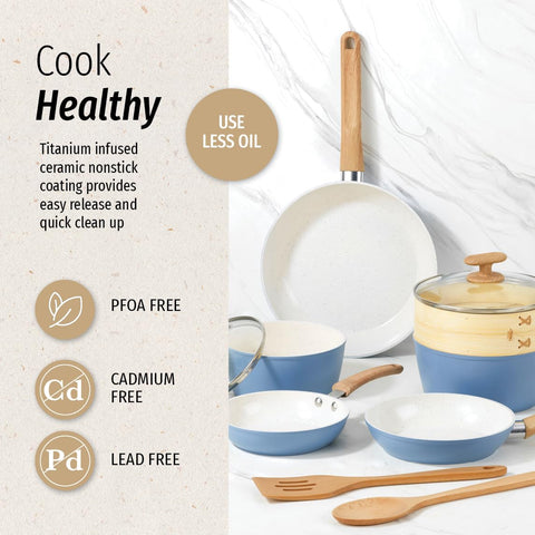 GoodCook pans on countertop next to measuring cup showing compact storage and scale