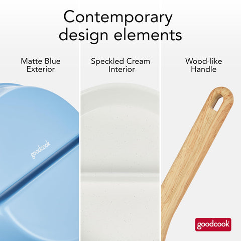 GoodCook size comparison with utensils showing 12-inch scale benefit and easy stovetop fit