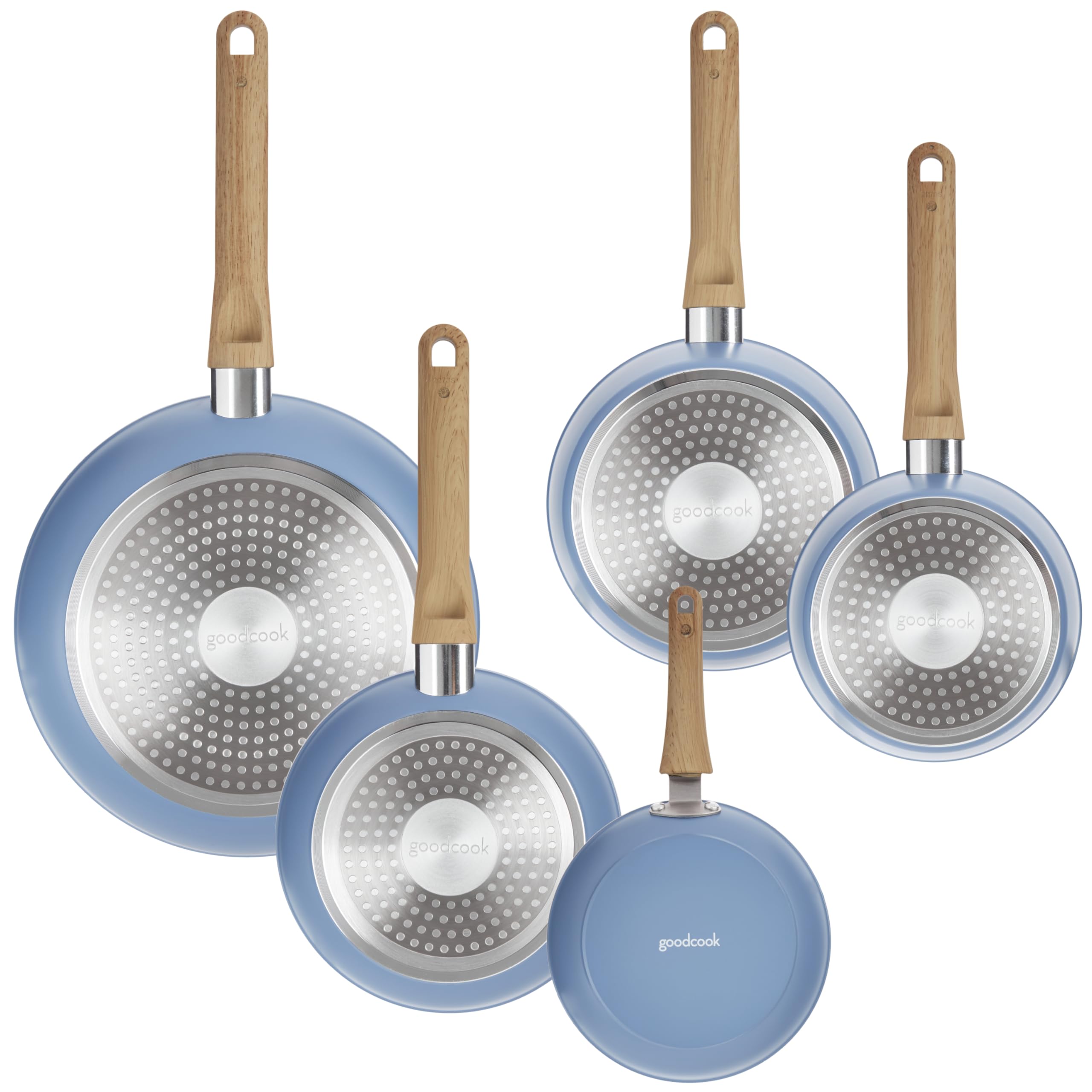 GoodCook tempered glass lids on pans allowing visual monitoring and heat retention