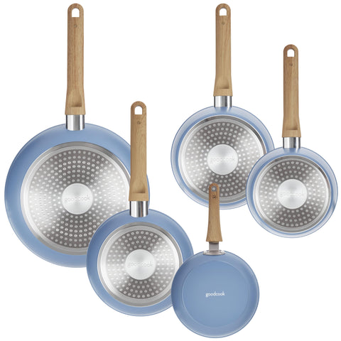GoodCook tempered glass lids on pans allowing visual monitoring and heat retention