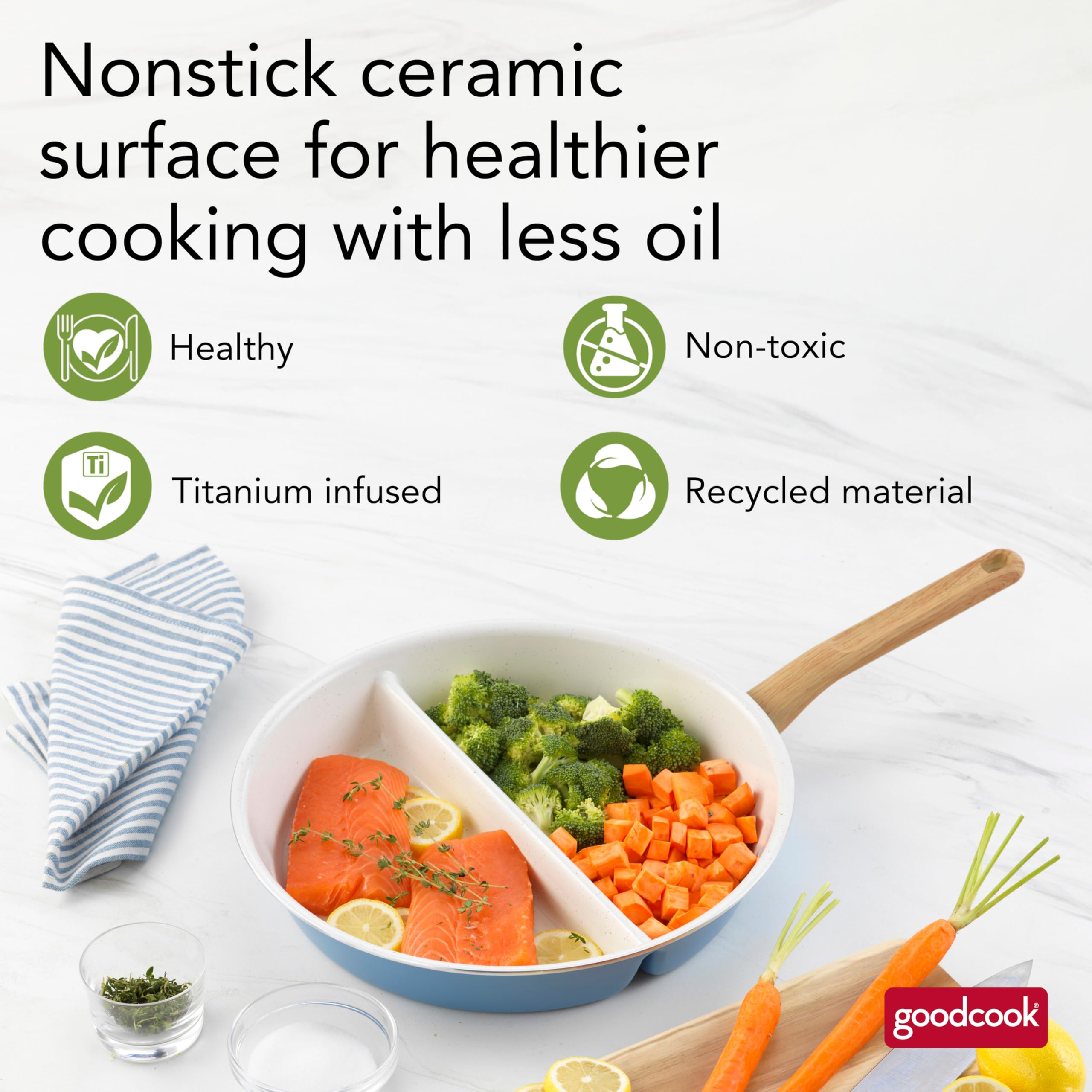 GoodCook wood-look handle detail offering ergonomic grip benefit and comfortable stovetop handling