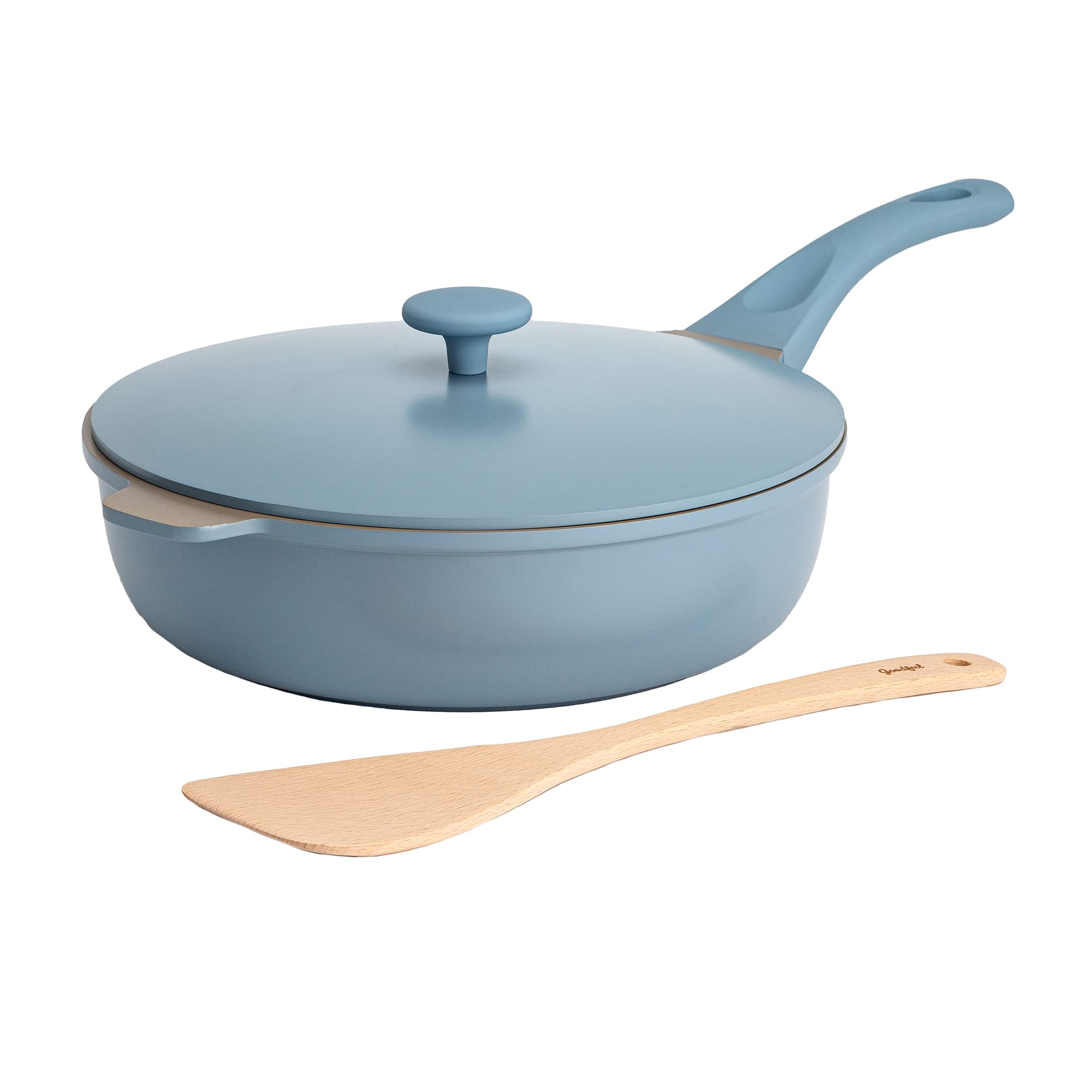 Goodful front view of all-in-one pan showing Blue Mist finish and lid, stylish storage benefit