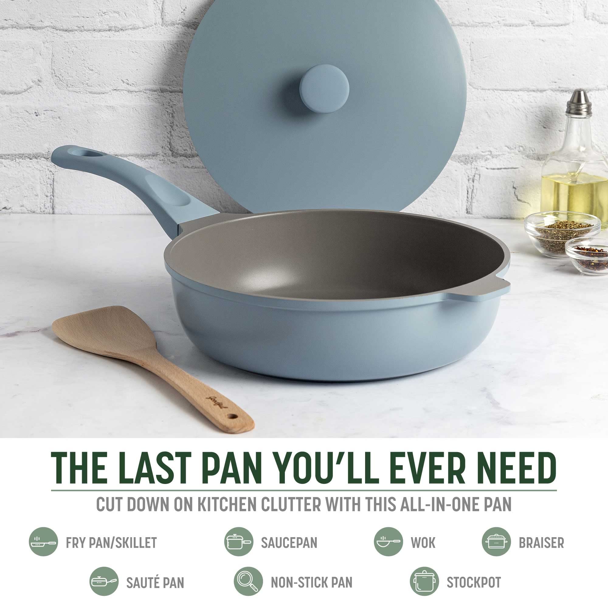 Goodful side profile with lid on pan showing depth and capacity, saves space advantage