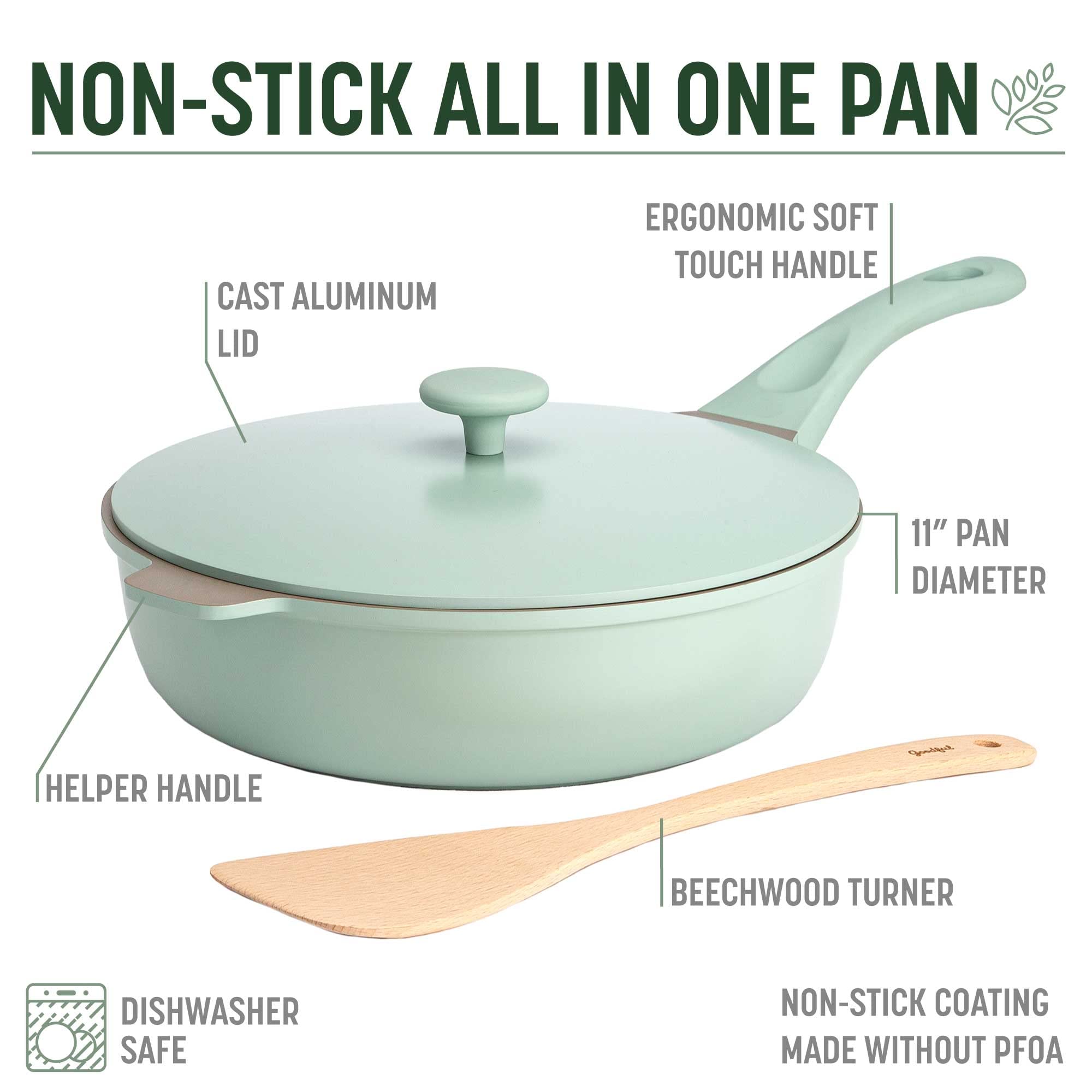 Goodful beechwood turner next to pan, gentle utensil for coating care