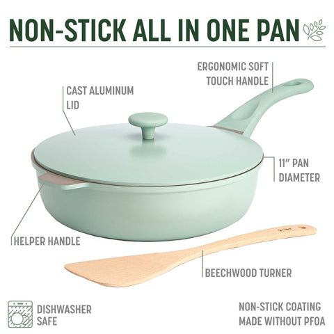 Goodful beechwood turner next to pan, gentle utensil for coating care