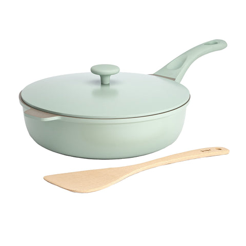 Goodful front view showing sage pan and lid, space-saving benefit