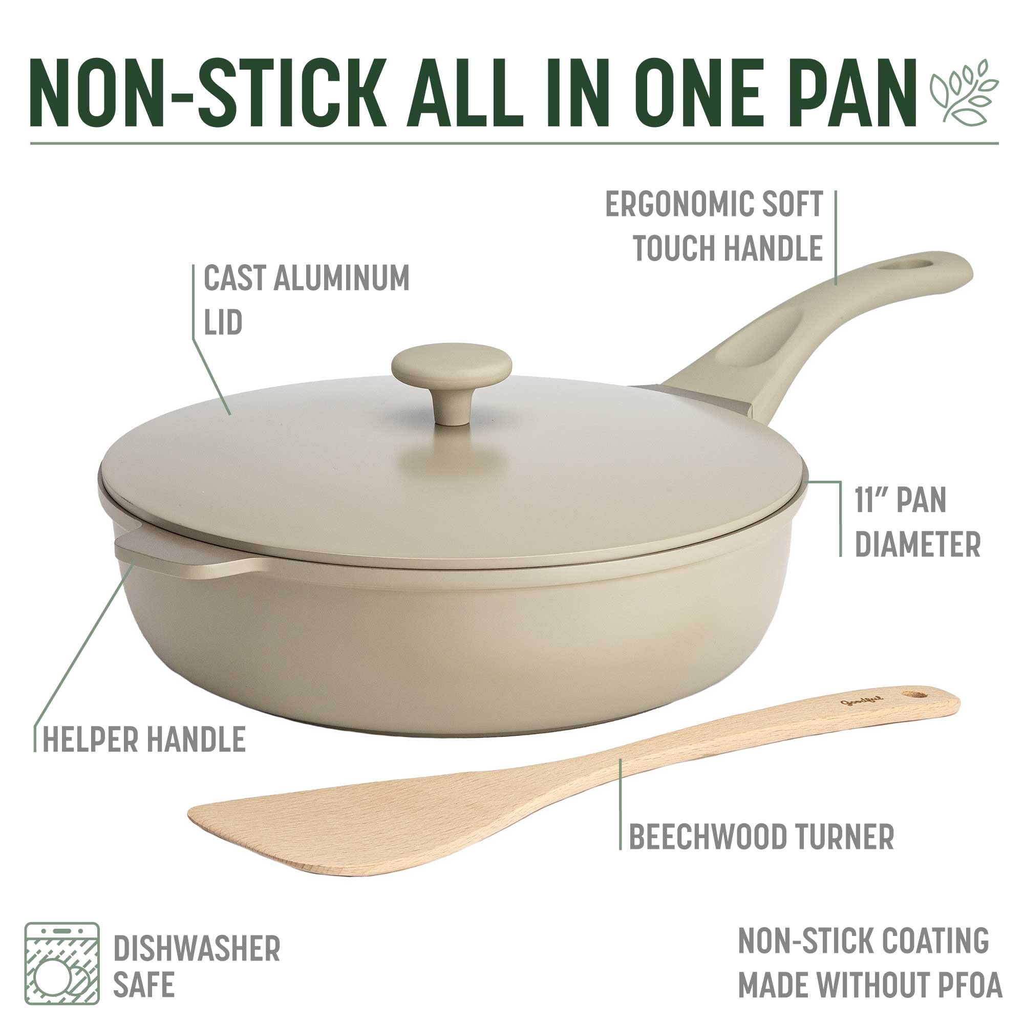 Goodful beechwood turner detail showing utensil and gentle cookware care