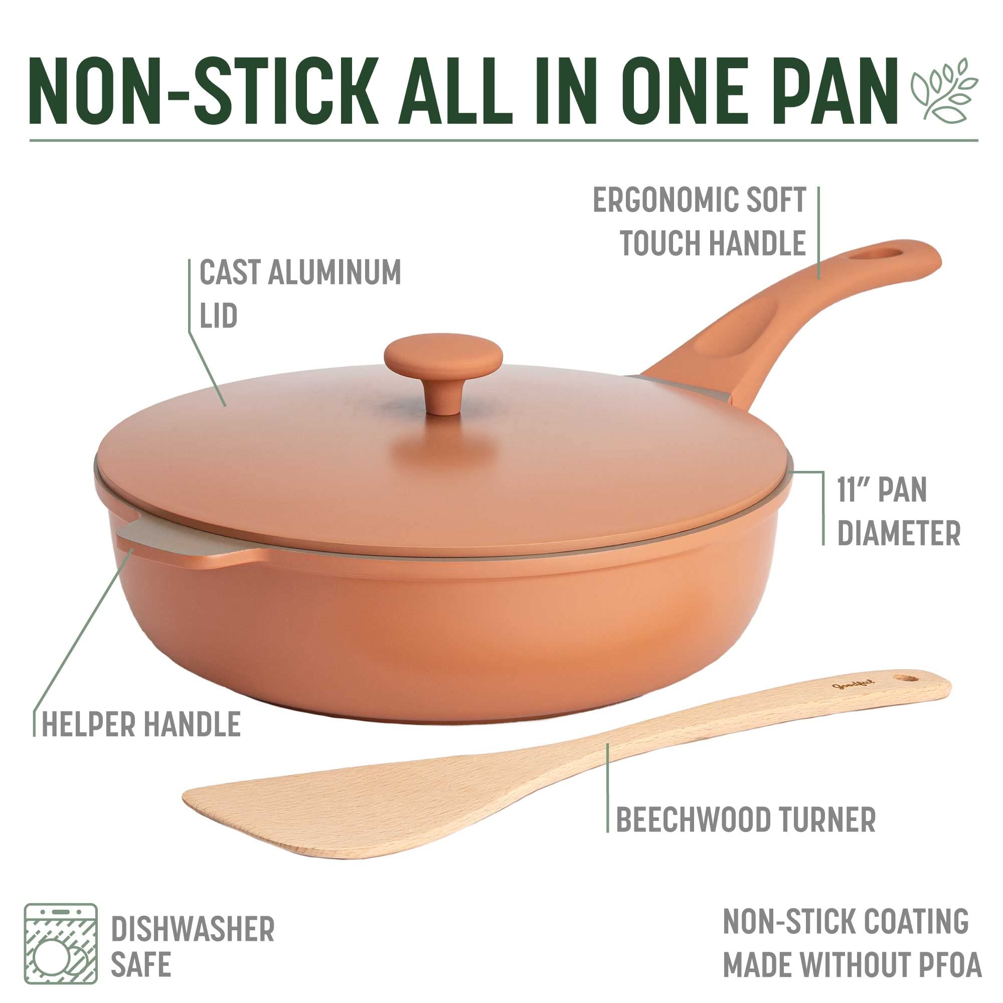 Goodful beechwood turner detail showcasing gentle utensil for nonstick care