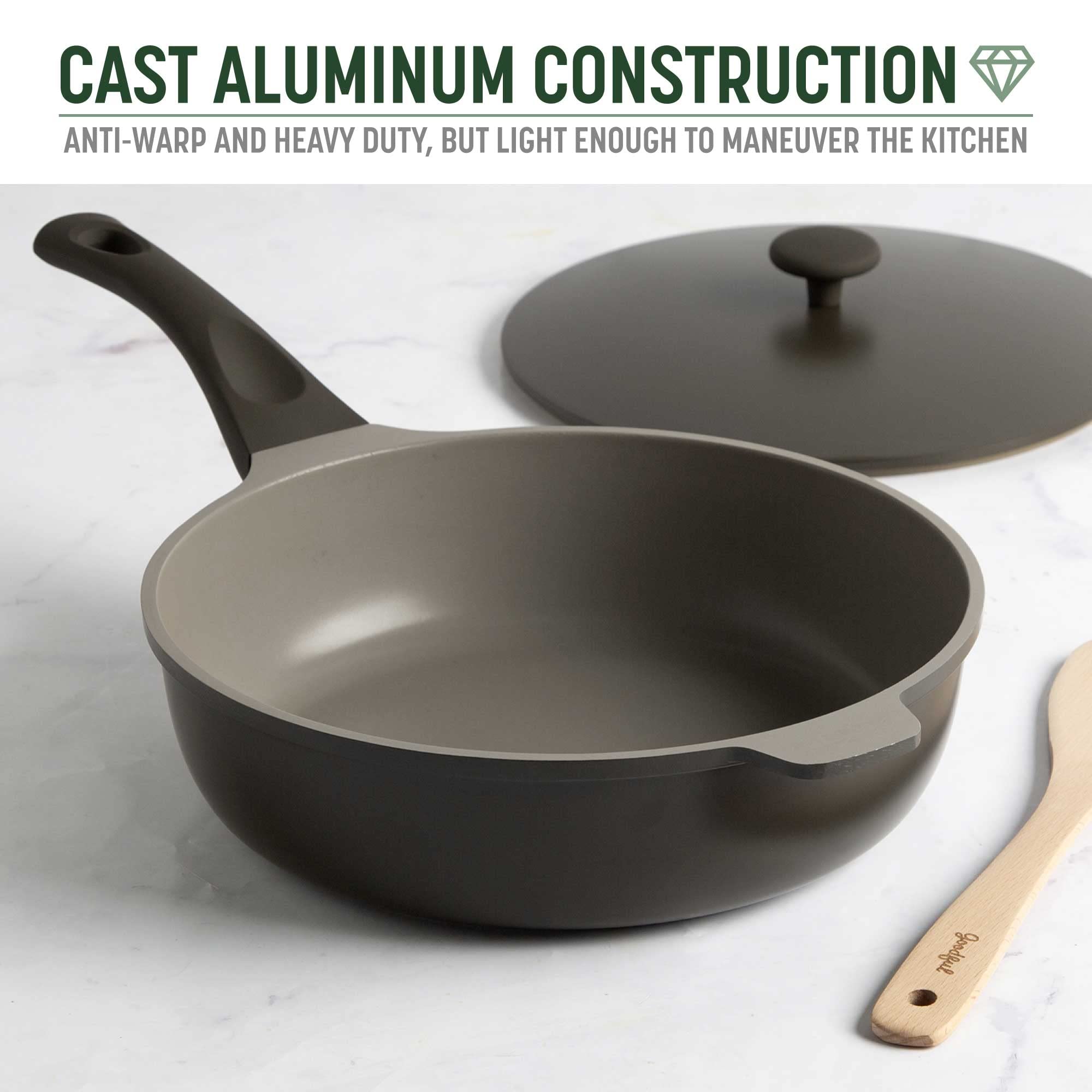 Goodful beechwood turner resting on pan showing serving convenience and style