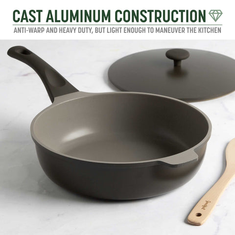 Goodful beechwood turner resting on pan showing serving convenience and style