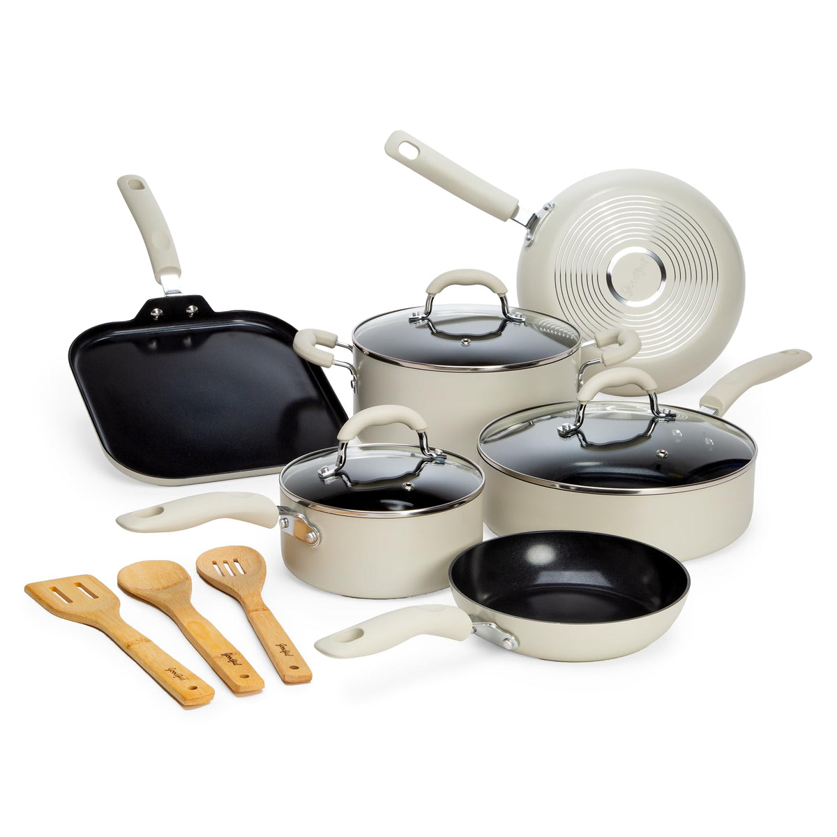 Goodful front view showing full 12-piece set and cream finish for kitchen upgrade